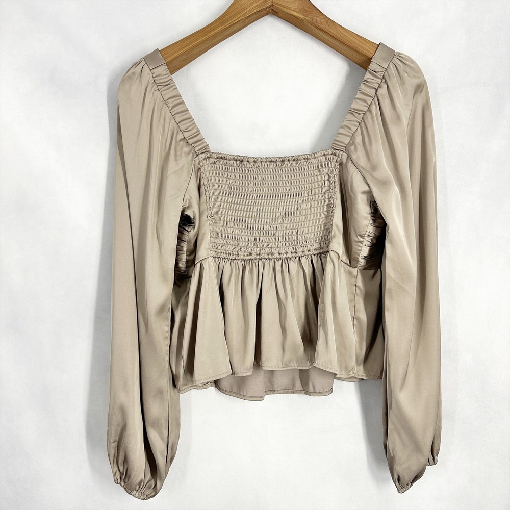 Abercrombie & Fitch Satin Taupe Smocked Peplum Crop Top Womens Size Large Chic - Picture 7 of 10